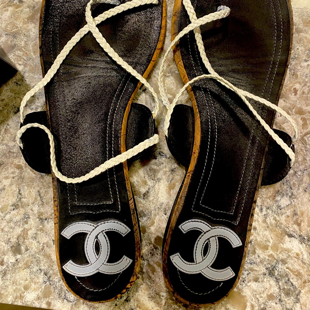 Chanel White and Black Thong Sandals